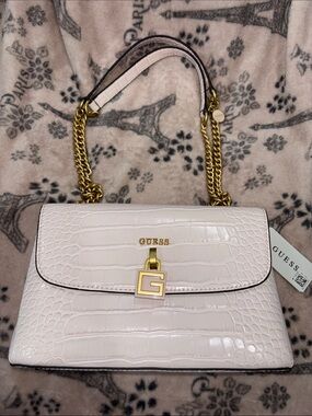 GUESS Pale Pink Croc-Embossed Chain Shoulder Bag with Gold Hardware